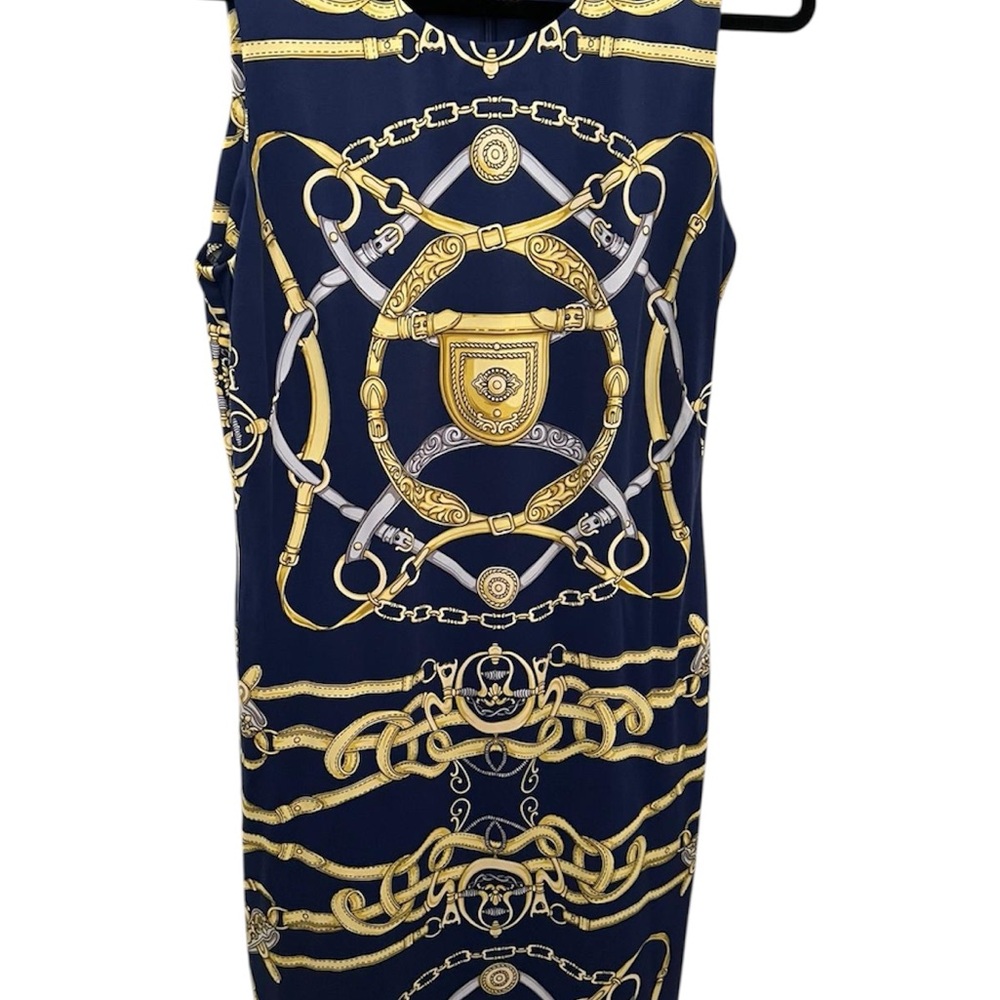J. McLaughlin Versace Style Navy and Gold Chain Print Dress